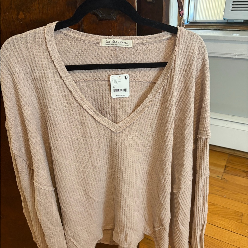 Free People Waffle Knit V-Neck Pullover - blush + tan color. Oversized